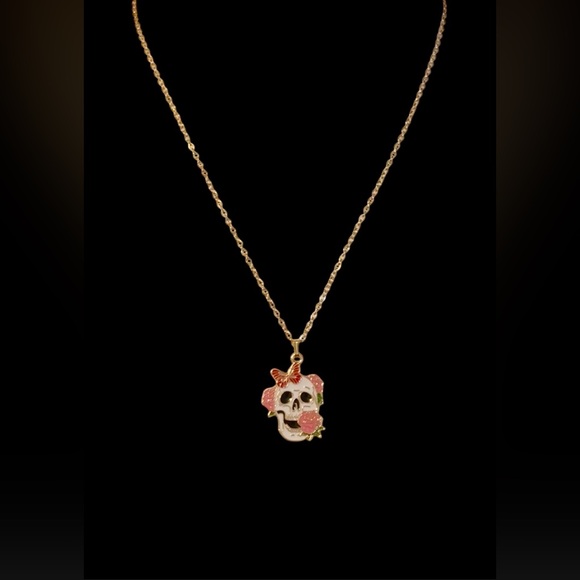 Skull Pendant Necklace Halloween Style Colorful Skull With Flowers - Picture 5 of 5